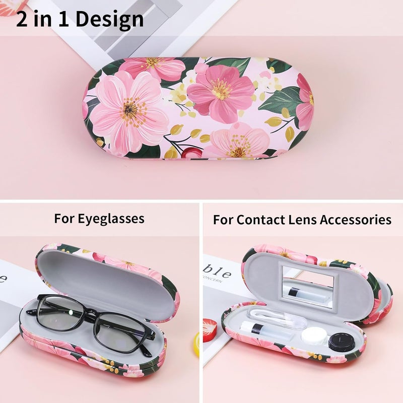 FlyingMage Store 2 in 1 Contact Lens Case and Eyeglasses Case for Women Men Kids, Double Sided Hard Shell Portable Glasses Travel Holder with Built-in Mirror, Contact Lens Box Storage Kit (Pink Flower) - Image 2